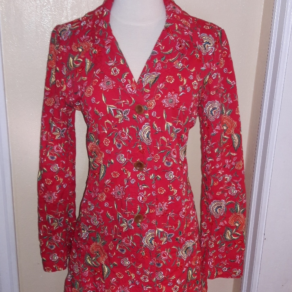 Embroidered Floral Red Trench Dress